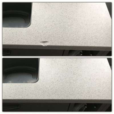 Engineered Quartz Kitchen Worktop Edge Chip Repair | Before and after photo of the work
