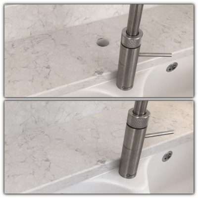 Engineered Quartz Stone Worktop Tap Hole Repair | Before and after shot of this restoration