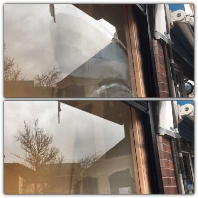 Glass Shop Front Scratch Graffiti Removal And Polishing | Before and after glass shot