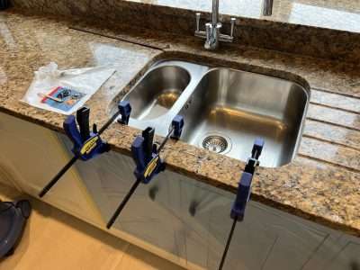 Granite Sink Large Crack Repair Scaled | Colour matched filler/adhesive applied and edge clamped together