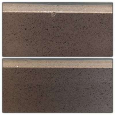 Quartz Kitchen Top Chip Repair | Before and after view of the repaired area